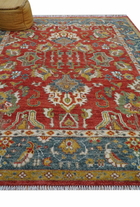 Cali Hand Knotted Turkish Design Rust And Blue Wool Rug