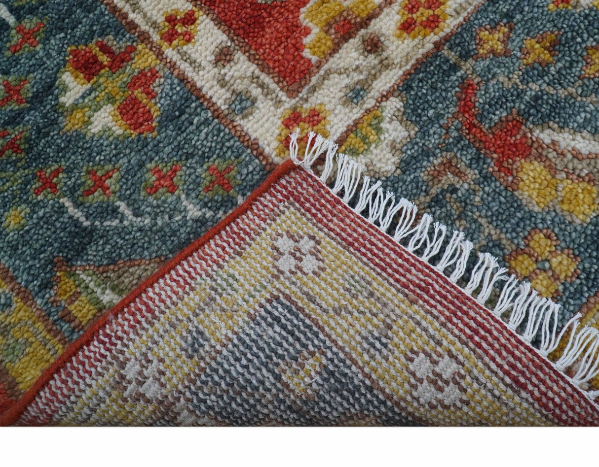 Cali Hand Knotted Turkish Design Rust And Blue Wool Rug