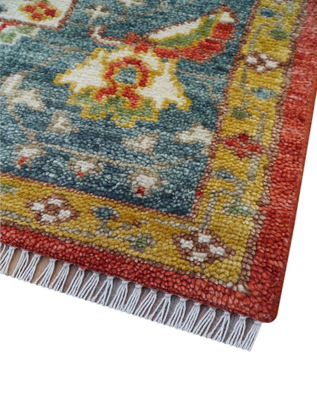 Cali Hand Knotted Turkish Design Rust And Blue Wool Rug