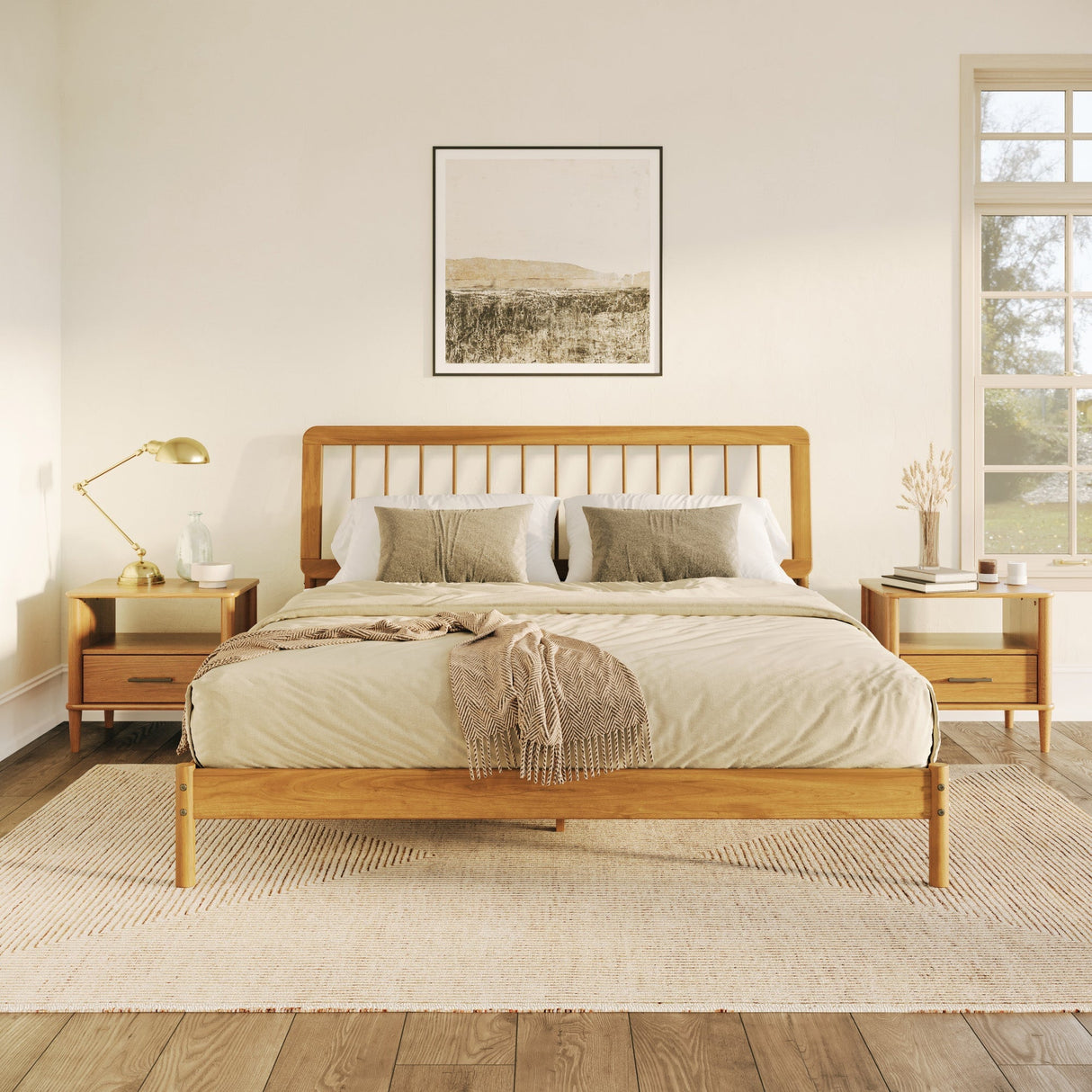 Cama Mid-Century Modern Solid Wood Spindle Bedframe-Bedroom-Parc Decor