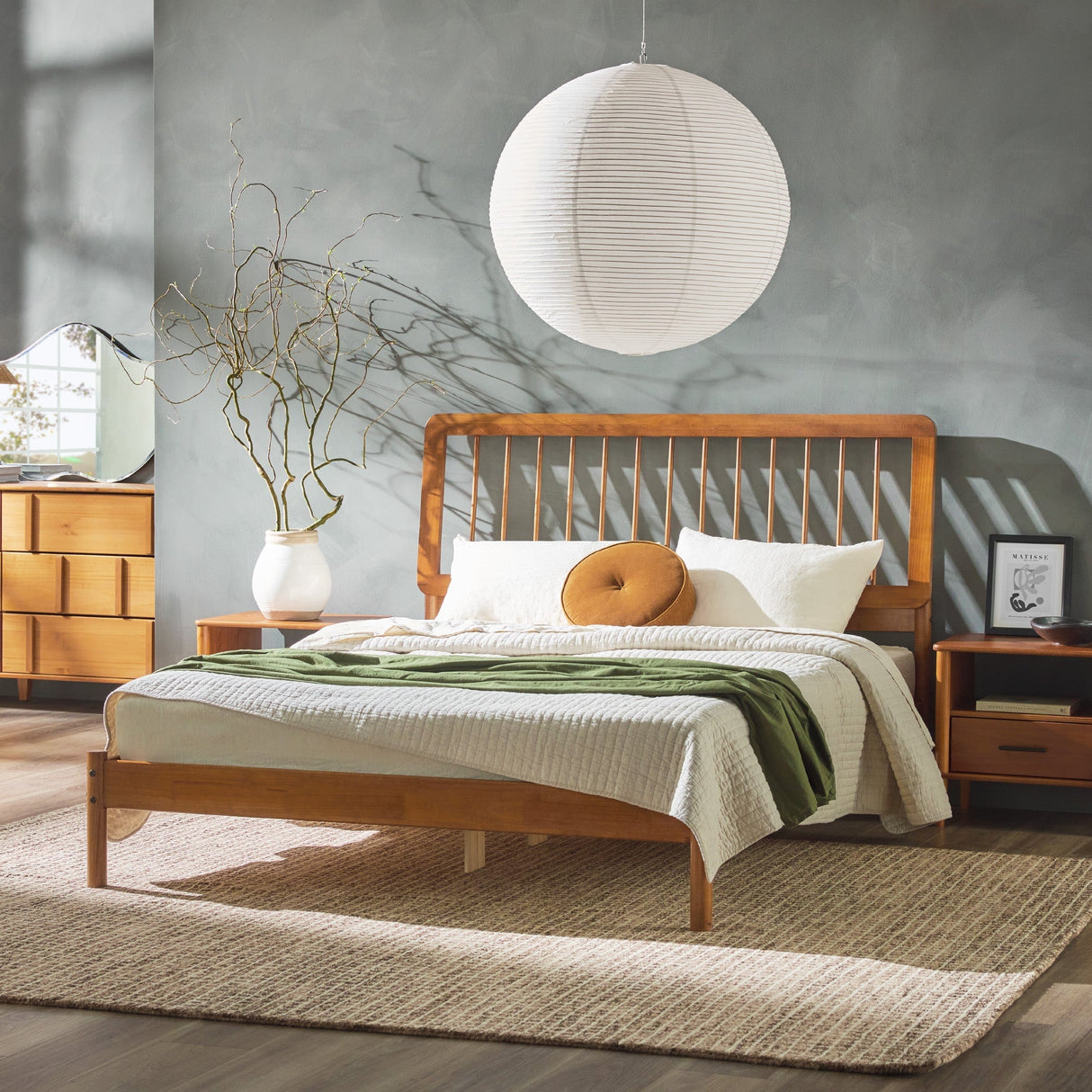 Cama Mid-Century Modern Solid Wood Spindle Bedframe-Bedroom-Parc Decor