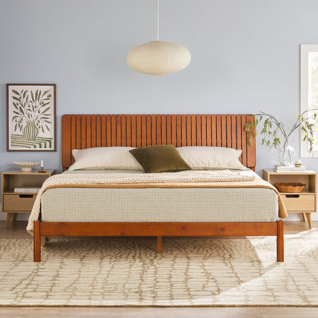 Cama Slatted Headboard Mid-Century Modern Solid Wood Bed-Bedroom-Parc Decor