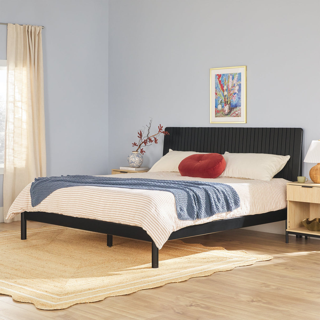 Cama Slatted Headboard Mid-Century Modern Solid Wood Bed-Bedroom-Parc Decor
