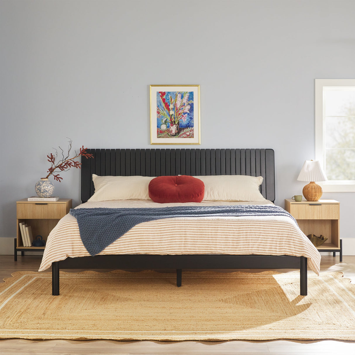 Cama Slatted Headboard Mid-Century Modern Solid Wood Bed-Bedroom-Parc Decor