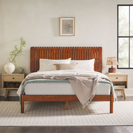 Cama Slatted Headboard Mid-Century Modern Solid Wood Bed-Bedroom-Parc Decor
