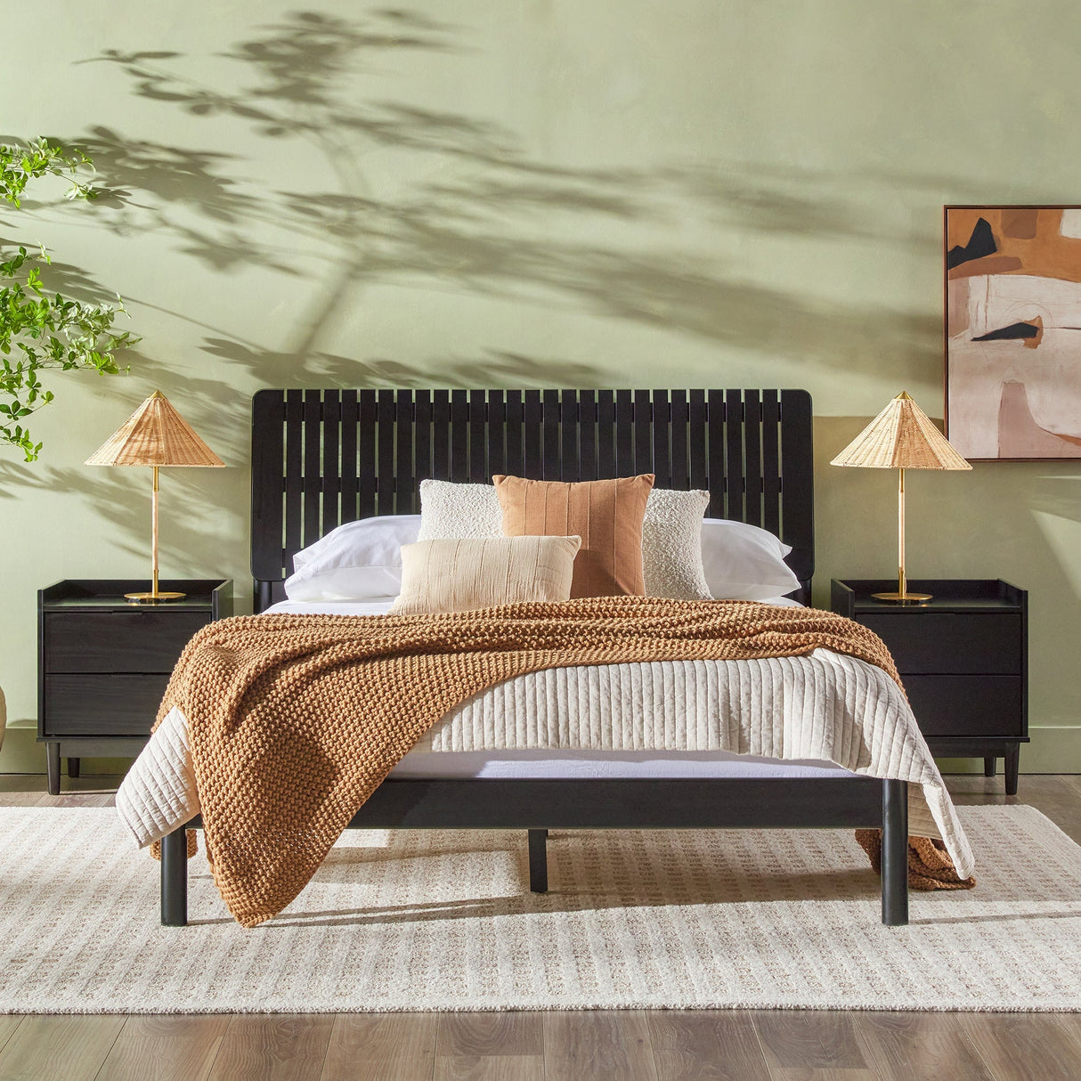 Cama Slatted Headboard Mid-Century Modern Solid Wood Bed-Bedroom-Parc Decor