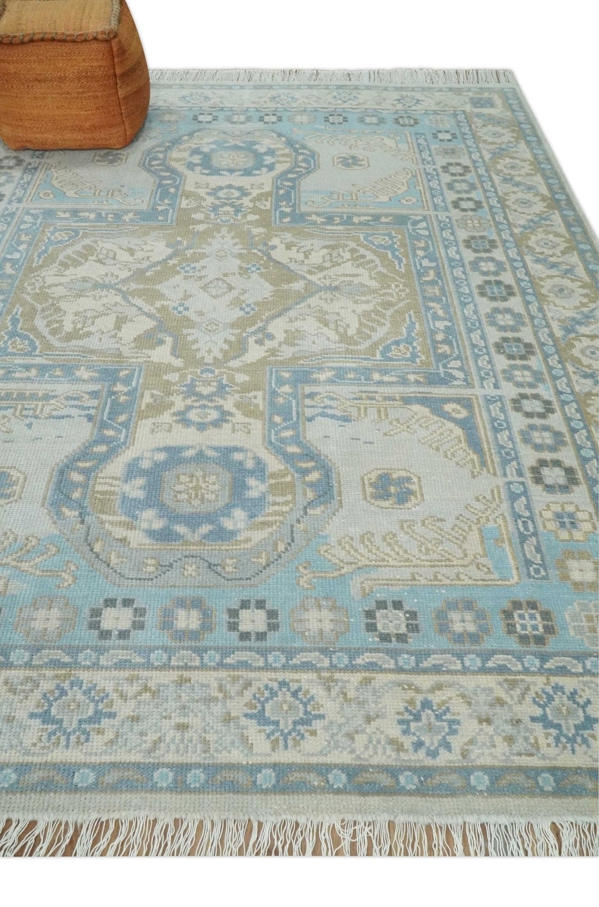 Cappadocia Rug 8x10 Hand Knotted Turkish Blue, Beige and Ivory Traditional Antique Persian Low Pile Area Rug | AC31810