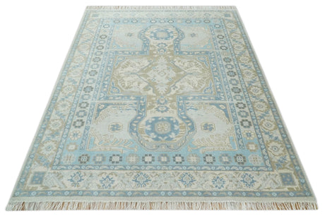 Cappadocia Rug 8x10 Hand Knotted Turkish Blue, Beige and Ivory Traditional Antique Persian Low Pile Area Rug | AC31810