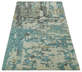 Carved Texture Ivory, Blue, Olive and Charcoal Modern Abstract 5x8 Hand Knotted wool Area Rug