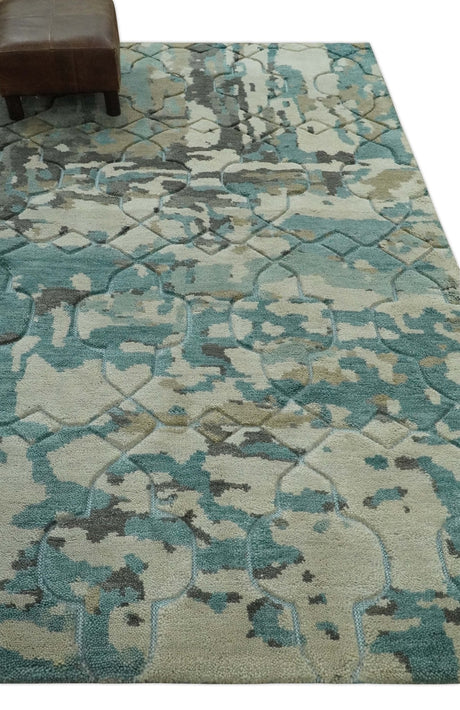Carved Texture Ivory, Blue, Olive and Charcoal Modern Abstract 5x8 Hand Knotted wool Area Rug