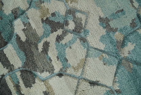 Carved Texture Ivory, Blue, Olive and Charcoal Modern Abstract 5x8 Hand Knotted wool Area Rug