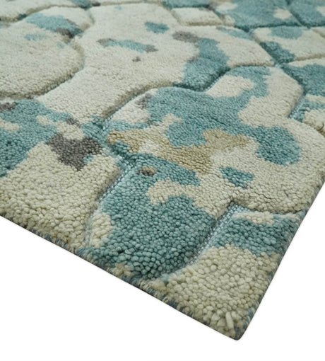 Carved Texture Ivory, Blue, Olive and Charcoal Modern Abstract 5x8 Hand Knotted wool Area Rug