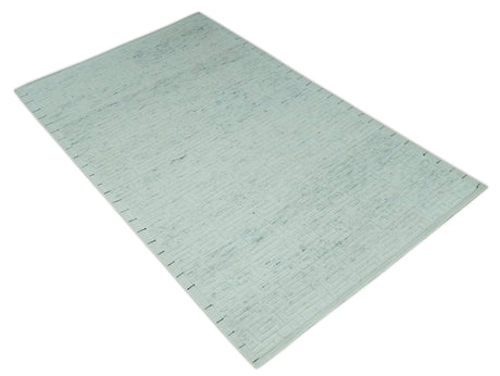 Carved Texture Modern Geometrical Design Custom Made Ivory and Light Blue Wool Area Rug