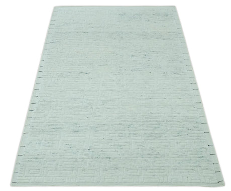 Carved Texture Modern Geometrical Design Custom Made Ivory and Light Blue Wool Area Rug