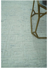 Carved Texture Modern Geometrical Design Custom Made Ivory and Light Blue Wool Area Rug