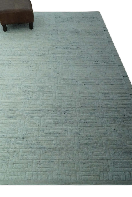 Carved Texture Modern Geometrical Design Custom Made Ivory and Light Blue Wool Area Rug