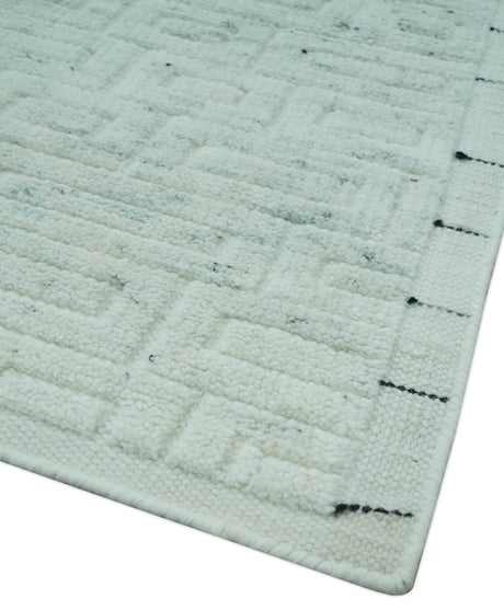 Carved Texture Modern Geometrical Design Custom Made Ivory and Light Blue Wool Area Rug