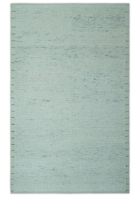 Carved Texture Modern Geometrical Design Custom Made Ivory and Light Blue Wool Area Rug