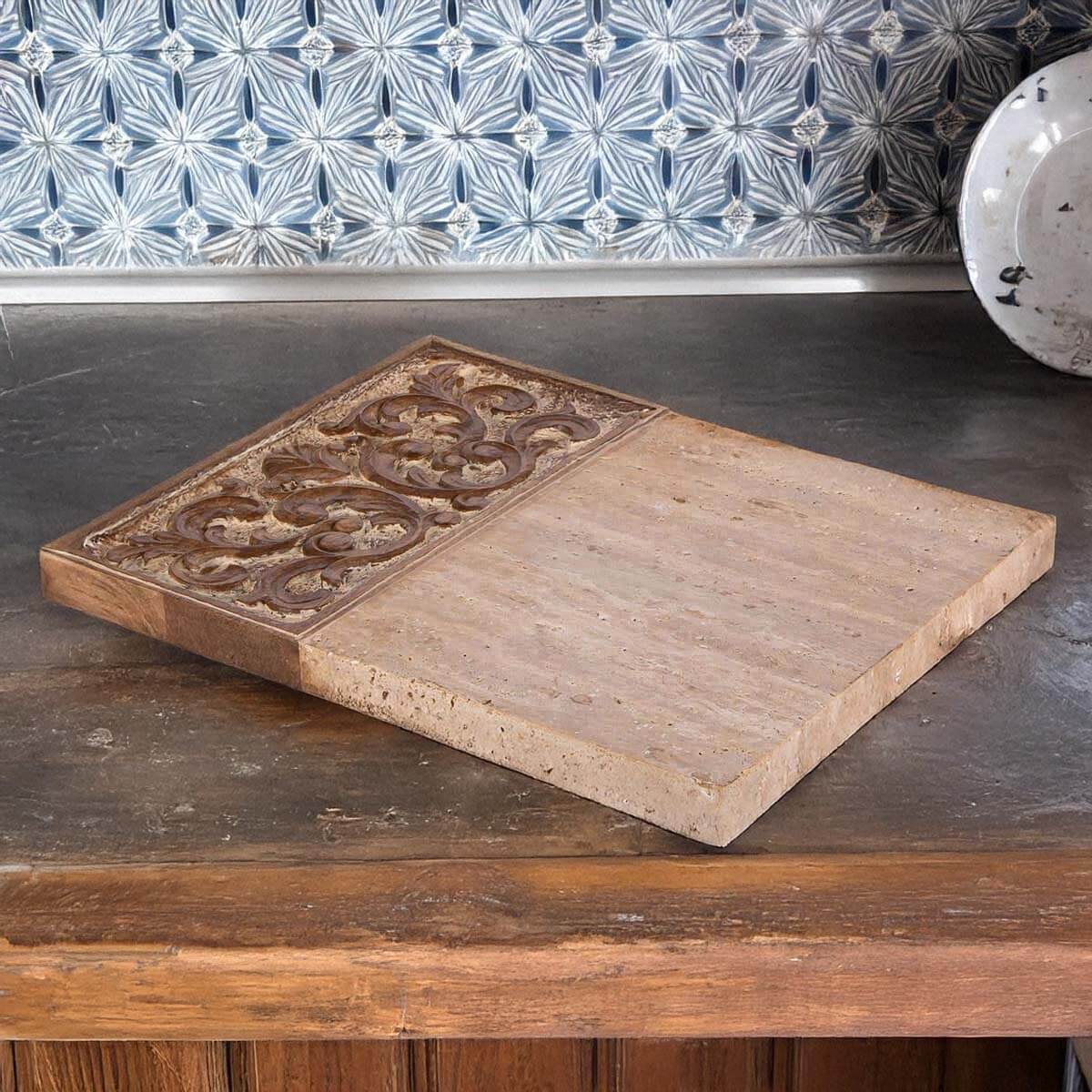 Carved Wood and Marble Cutting Board with Ornate Detail-Serving Tray-Parc Decor
