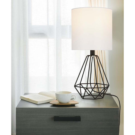 Catalina 18"H Metal Geometric Cage Matte Black Finish Table Lamp with White Linen Drum Shade