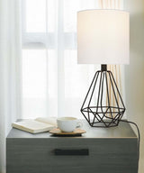 Catalina 18"H Metal Geometric Cage Matte Black Finish Table Lamp with White Linen Drum Shade-Table Lamp-Parc Decor