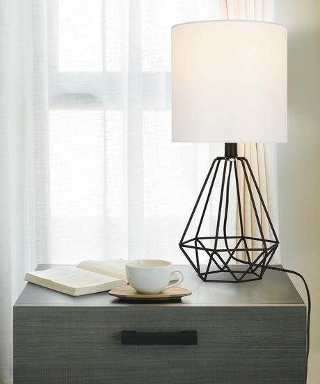 Catalina 18"H Metal Geometric Cage Matte Black Finish Table Lamp with White Linen Drum Shade-Table Lamp-Parc Decor