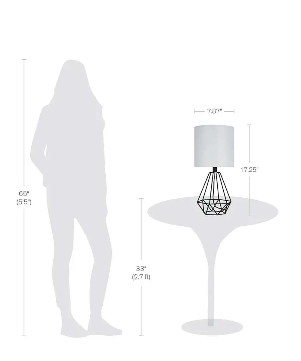 Catalina 18"H Metal Geometric Cage Matte Black Finish Table Lamp with White Linen Drum Shade-Table Lamp-Parc Decor