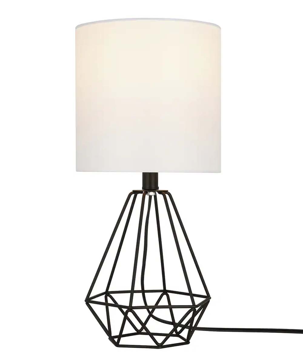 Catalina 18"H Metal Geometric Cage Matte Black Finish Table Lamp with White Linen Drum Shade-Table Lamp-Parc Decor