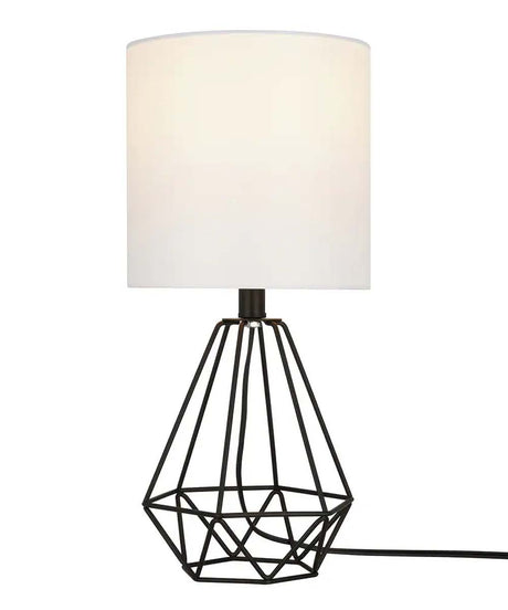 Catalina 18"H Metal Geometric Cage Matte Black Finish Table Lamp with White Linen Drum Shade-Table Lamp-Parc Decor
