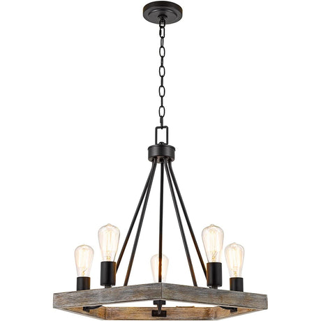 Catalina 24"W 5-Light Country Rustic Pentagon Tray Chandelier, Faux Wood Finish with Matte Black Accents