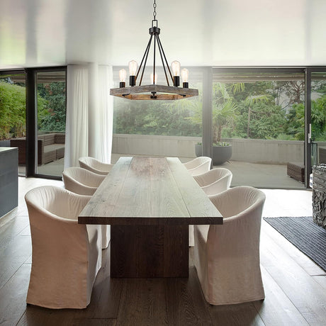 Catalina 24"W 5-Light Country Rustic Pentagon Tray Chandelier, Faux Wood Finish with Matte Black Accents-Chandelier-Parc Decor