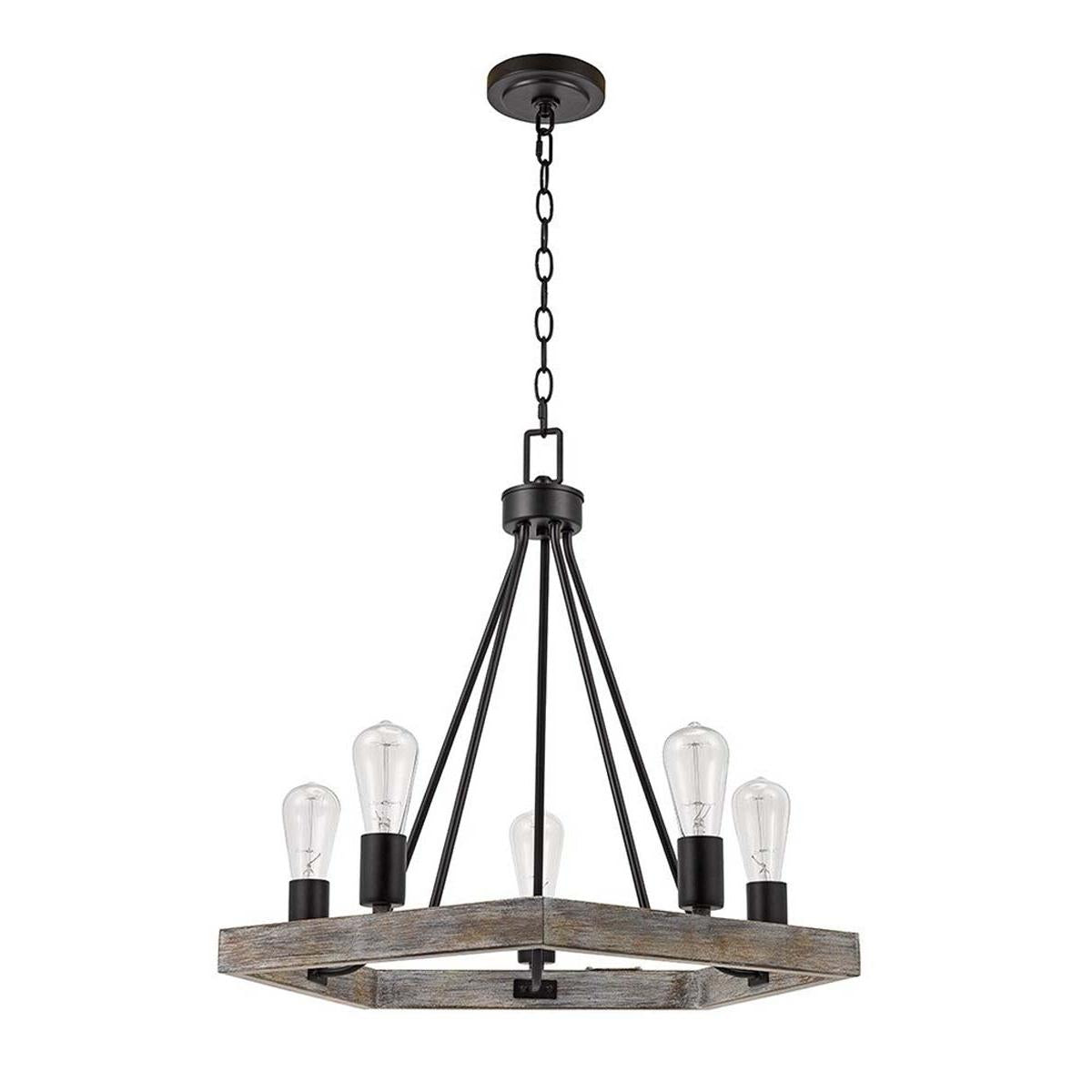 Catalina 24"W 5-Light Country Rustic Pentagon Tray Chandelier, Faux Wood Finish with Matte Black Accents