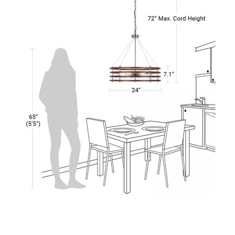 Catalina 24"W 6-Light Polished Nickel Drum Modern Pendant Mahogany Wood Finish Shade-Parc Decor