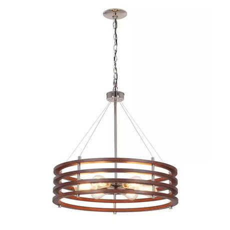 Catalina 24"W 6-Light Polished Nickel Drum Modern Pendant Mahogany Wood Finish Shade-Pendant-Parc Decor
