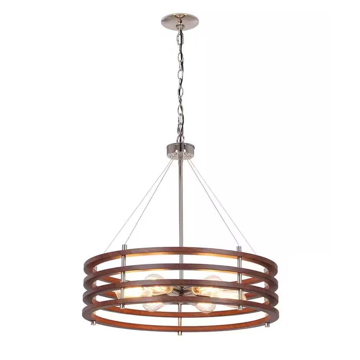 Catalina 24"W 6-Light Polished Nickel Drum Modern Pendant Mahogany Wood Finish Shade