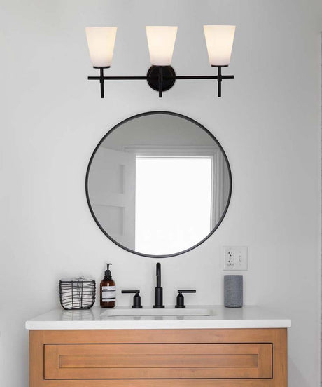 Catalina Pippa 24"W 3-Light Black Finish Vanity Light Fixture with Opal Glass Shades-Parc Decor