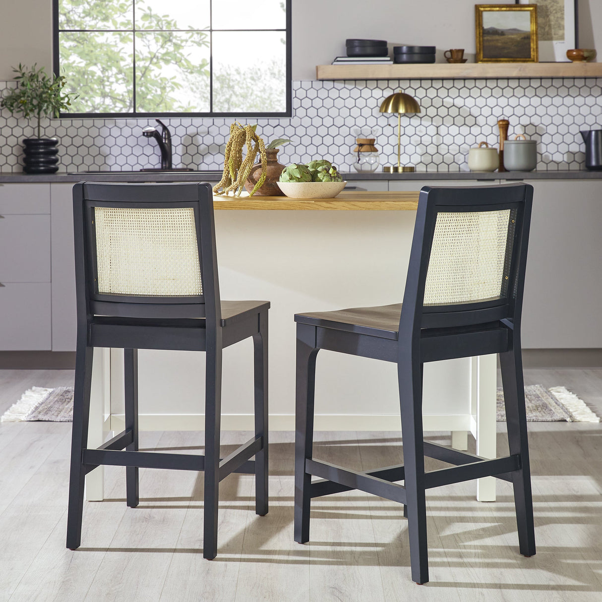 Catalina Solid Wood Bar Stool with Rattan Back Insert, Set of 2-Dining / Kitchen-Parc Decor
