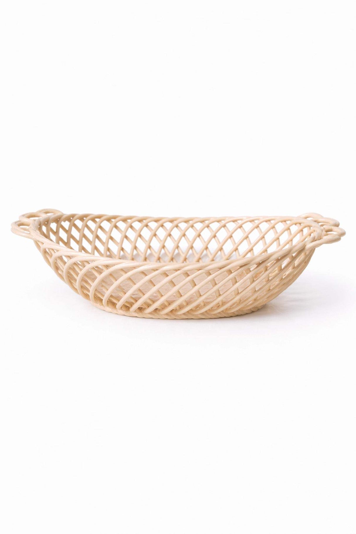 Ceramic Oval Basket – Hand-Woven Dish in White, Beige & Pink Glazed Porcelain
