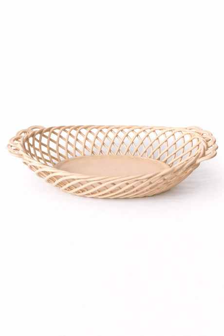 Ceramic Oval Basket – Hand-Woven Dish in White, Beige & Pink Glazed Porcelain