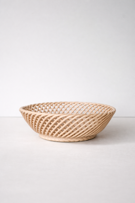 Ceramic Round Hand-Woven Basket – White, Beige & Pink Glazed Porcelain
