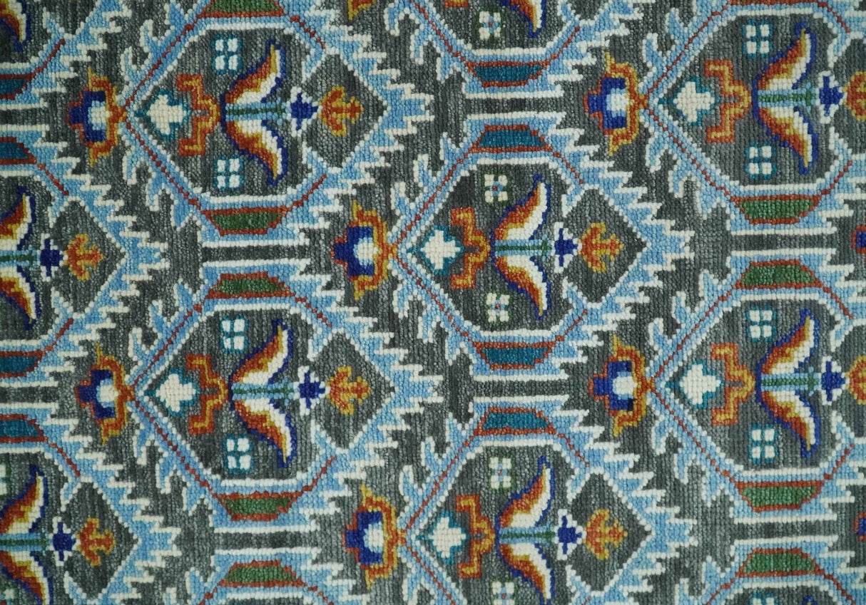 Charcoal And Blue Traditional Hand Knotted Multi Size Wool area Rug