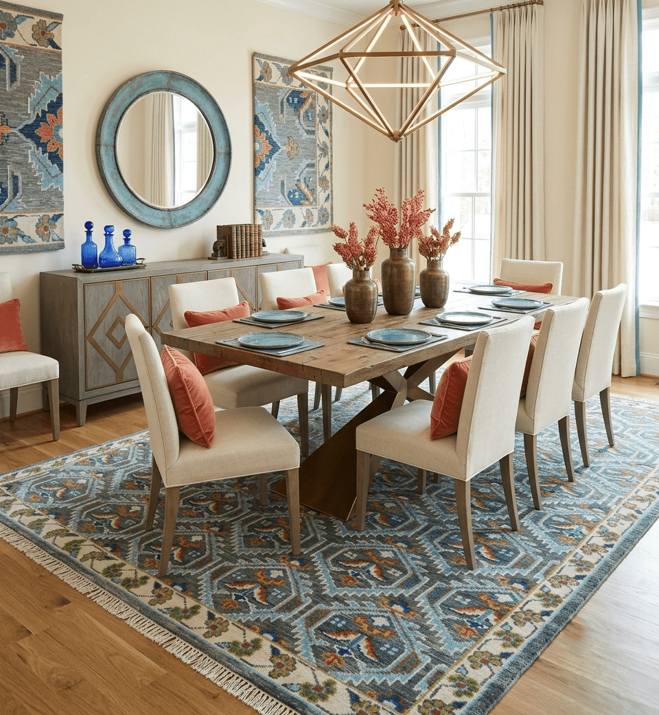 Charcoal And Blue Traditional Hand Knotted Multi Size Wool area Rug