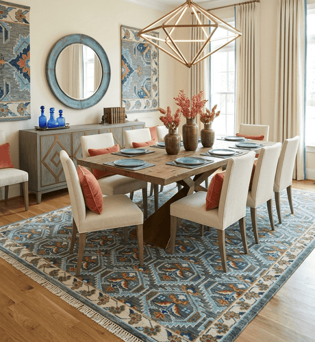 Charcoal And Blue Traditional Hand Knotted Multi Size Wool area Rug