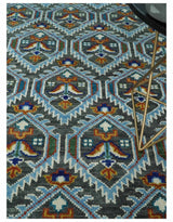 Charcoal And Blue Traditional Hand Knotted Multi Size Wool area Rug