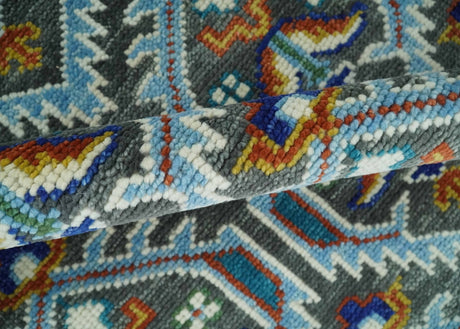 Charcoal And Blue Traditional Hand Knotted Multi Size Wool area Rug