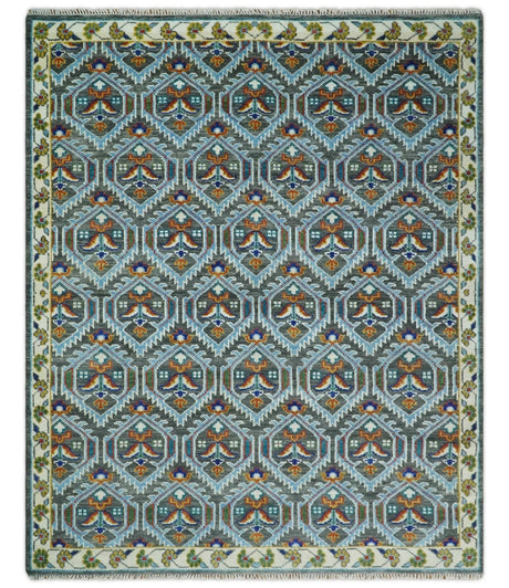 Charcoal And Blue Traditional Hand Knotted Multi Size Wool area Rug