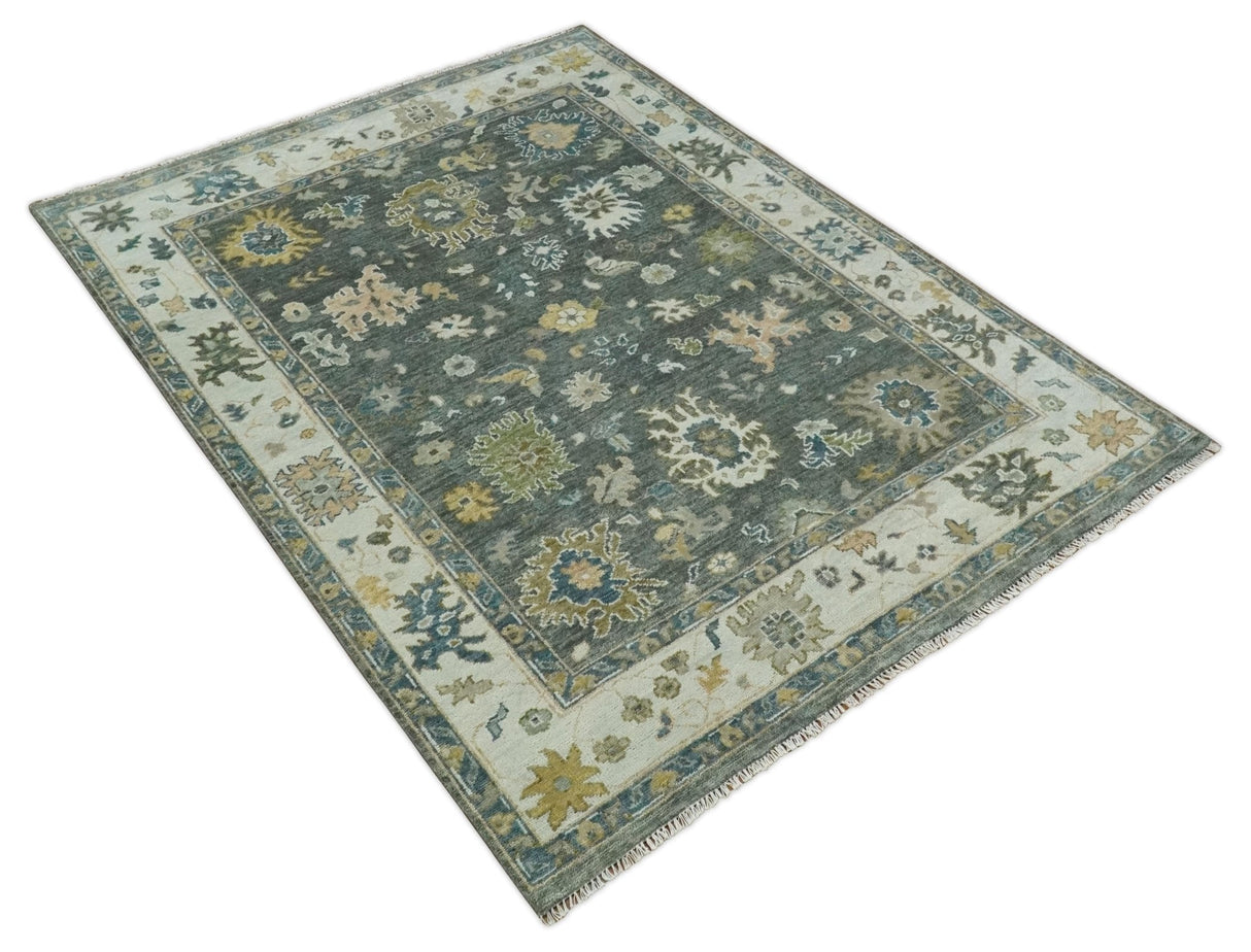 Charcoal and Ivory Hand Knotted Traditional Oushak Custom Made Wool Area Rug