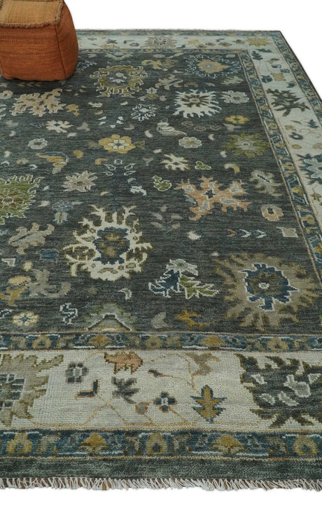 Charcoal and Ivory Hand Knotted Traditional Oushak Custom Made Wool Area Rug