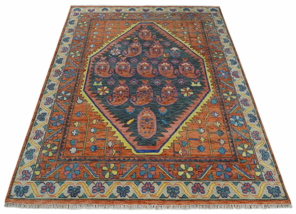 Charcoal And Rust Traditional Design Heriz Hand Knotted wool Area Rug