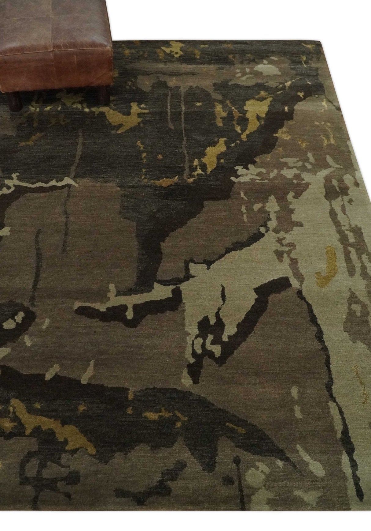 Charcoal, Brown, Beige and Olive Modern Abstract Hand loom 5x6.6 Wool And Art Silk Area Rug-Area Rug-Parc Decor